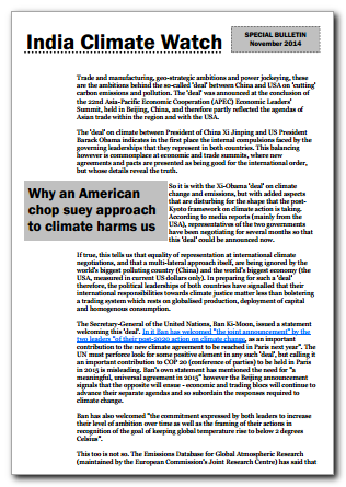 Special bulletin of the India Climate Watch on the China-USA climate 'deal'. [pdf, 91kb]