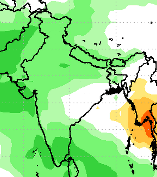 The regional rainfall outlook for June and July 2016. Green hues are +0.25 to +1mm/day averaged over the outlook period.